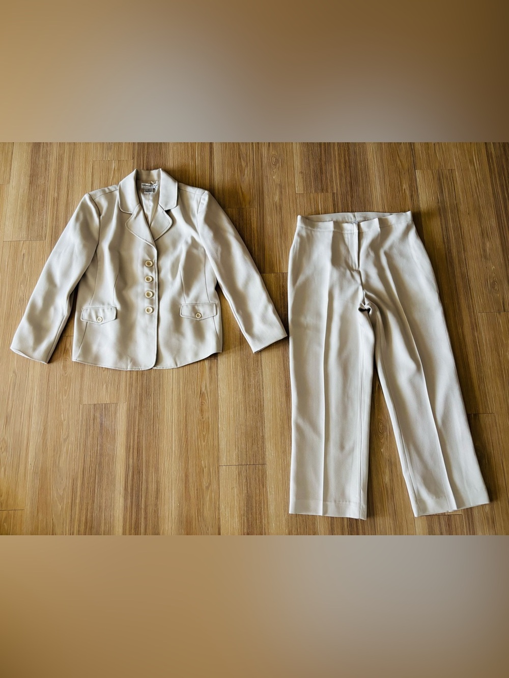 VTG Allyson Cara Suit 2 Piece Blazer Pants Set Beige Herringbone Women 14 Office